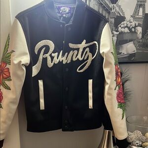 RUNTZ Women's Black & White Embroidered Varsity Jacket